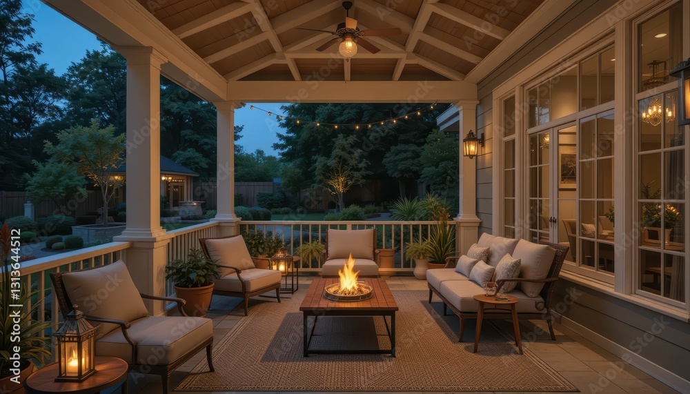 Fototapeta premium Cozy Outdoor Porch with Warm Firepit and Comfortable Seating Area