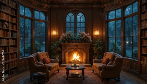 Cozy and Elegant Library with a Warm Fireplace and Plush Chairs