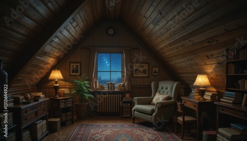 Cozy Attic Room with Warm Lighting and Scenic Window View at Night