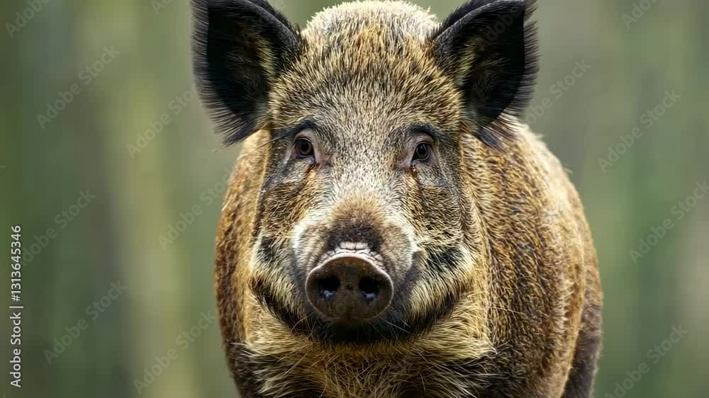 Curious boar's gradual approach in forested habitat Curious boar's gradual approach in forested habitat