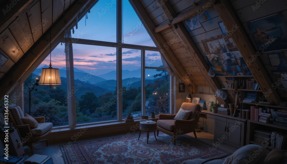 Fototapeta premium Cozy Mountain Cabin Interior with Scenic View at Sunset