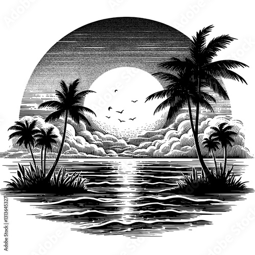Line art drawing of sunset nature landscape ink sketch vector hand drawn illustration background, ethereal sunrise: a moment of tranquility