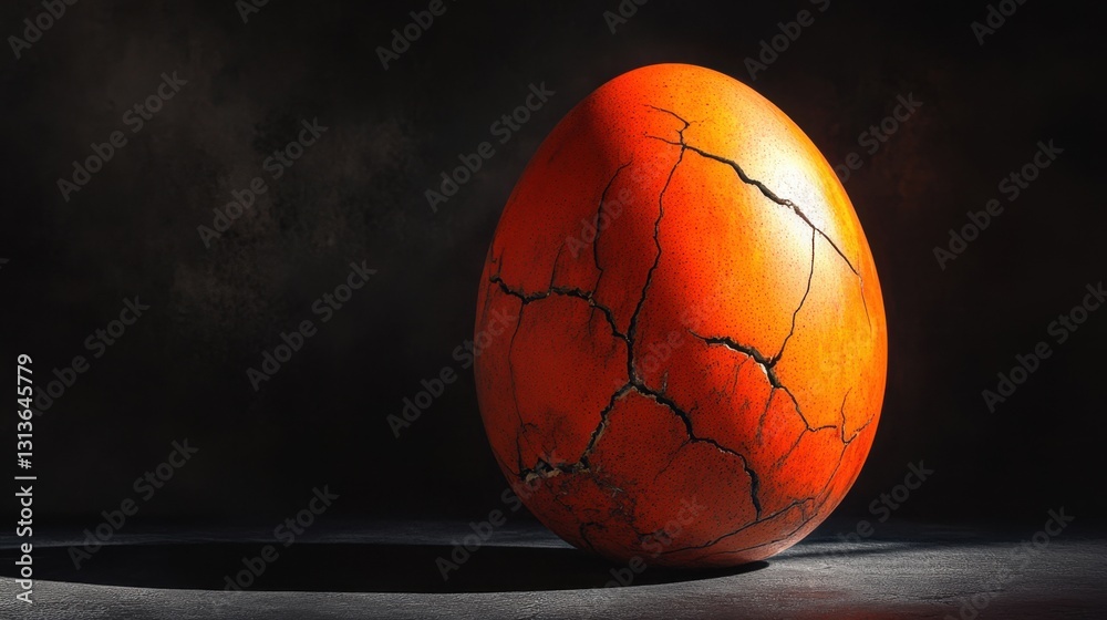 Fototapeta premium A cracked orange egg resting in shadows, the deep hues and rough surface contrasting with a dark, enigmatic background.