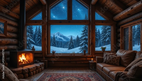 Cozy Winter Cabin Interior with Starry Snowy Landscape View