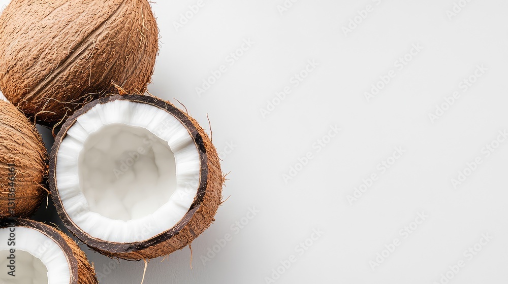 Brown whole coconut with a halved coconut beside it, emphasizing fresh, organic textures on a pure white background. Brown whole coconut with a halved coconut beside it, emphasizing fresh, organic textures on a pure white background.