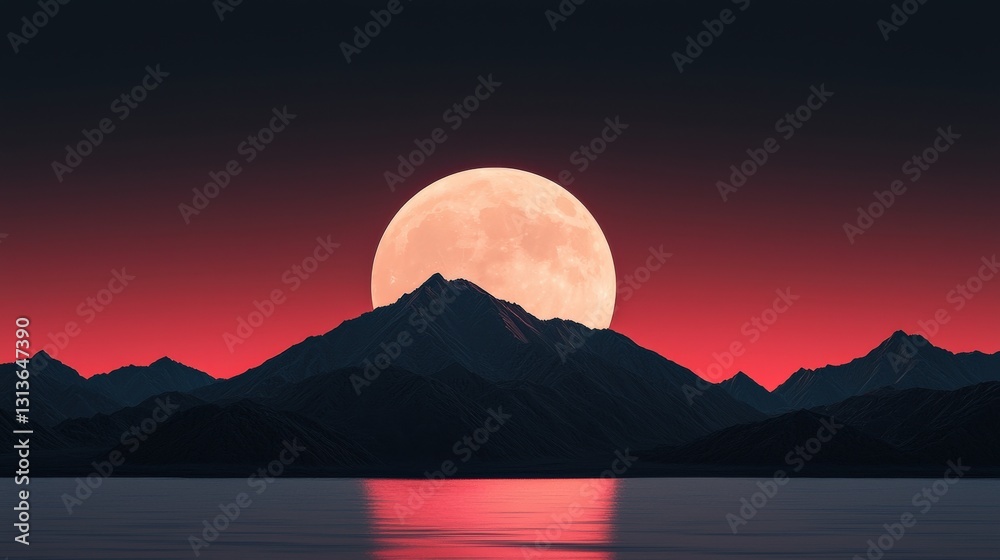 Obraz premium Serene moonrise over mountains and tranquil waters.