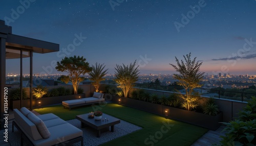 Modern outdoor terrace with city view and ambient evening lighting