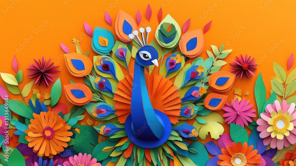 Obraz premium A paper art peacock in vibrant colors, surrounded by bright flowers and leaves, creating a lively and colorful scene on an orange background.