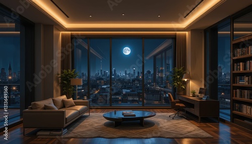 Cozy Modern Living Room with City View and Moonlight at Night