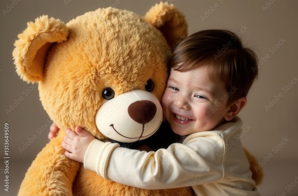 Small child embraces big teddy bear, close up portrait Small child embraces big teddy bear, close up portrait