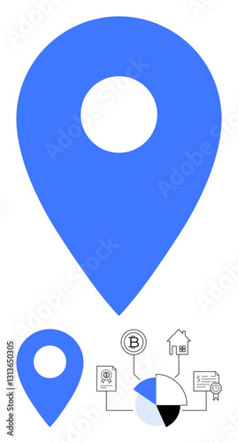 Free Download Blue map pin placed above illustrations of pie chart, cryptocurrency coin, home icon, document, and network diagram. Ideal for navigation, location, analysis, finance real estate blockchain data - GFXLoad