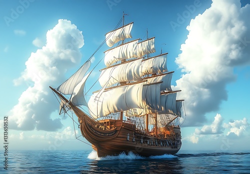 Majestic Sailing Ship at Sea  Ocean Voyage  Antique Galleon