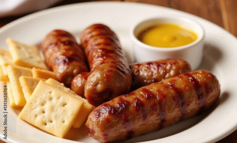 Grilled sausages with crackers and mustard Grilled sausages with crackers and mustard