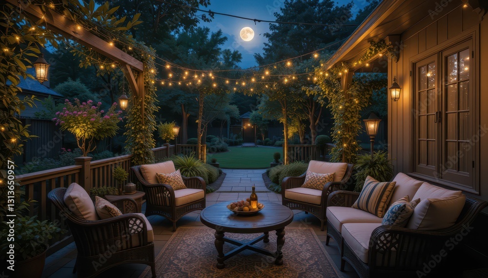 Fototapeta premium Charming Outdoor Patio with Cozy Seating and Ambient Lighting