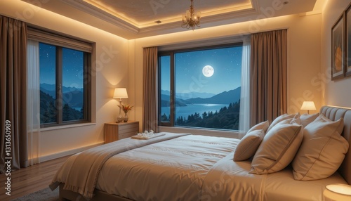 Serene Bedroom with Scenic Mountain View and Full Moon Night
