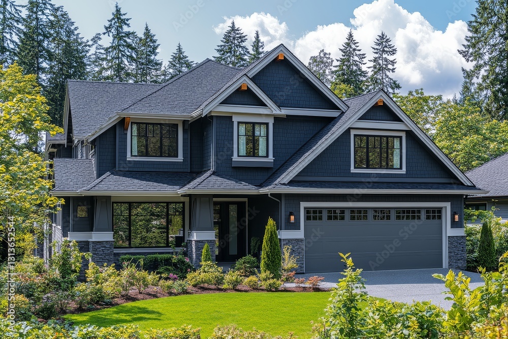 Gray Craftsman-Style Home with White Trim, Surrounded by Trees and Lush Green Grass in the Pacific Northwest Gray Craftsman-Style Home with White Trim, Surrounded by Trees and Lush Green Grass in the Pacific Northwest