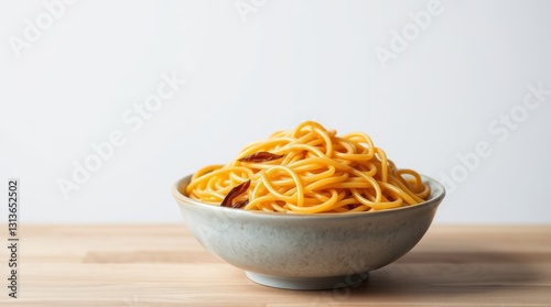 Aesthetic noodle bowl featuring al dente pasta with a vibrant sheen and subtle spices