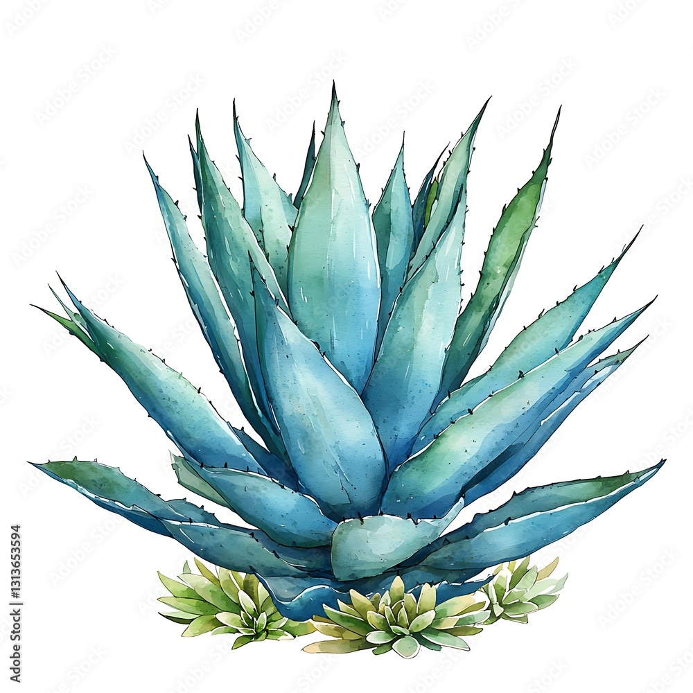 Obraz premium Agave Plant with Succulents A Watercolor Illustration of Desert Flora.