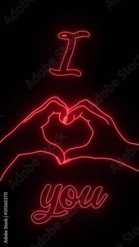 Red glowing I heart you 4 K vertical video animation. I love you. Hands making heart-shaped line illustration. 