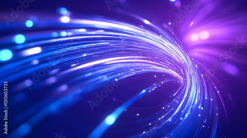 Abstract fiber optic cable bundle bright light, glowing flowing technology particle lines background 3D rendering