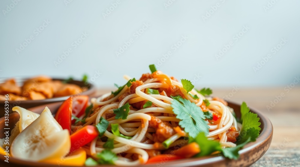 Artistic Arrangement of Spaghetti with Fresh Garnishes and Colorful Vegetables