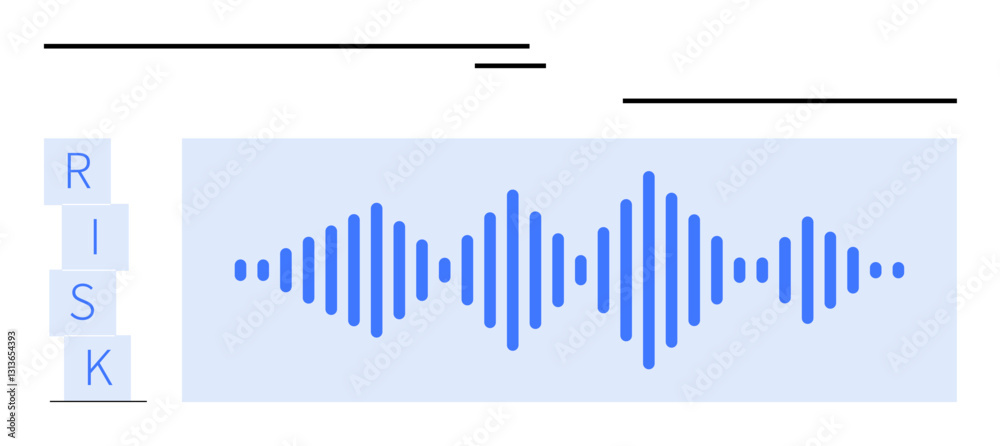 Blue soundwave visual on a light background beside stacked Risk blocks. Ideal for data security, predictions, analysis, business strategy, technology, uncertainty, abstract line flat metaphor Blue soundwave visual on a light background beside stacked Risk blocks. Ideal for data security, predictions, analysis, business strategy, technology, uncertainty, abstract line flat metaphor