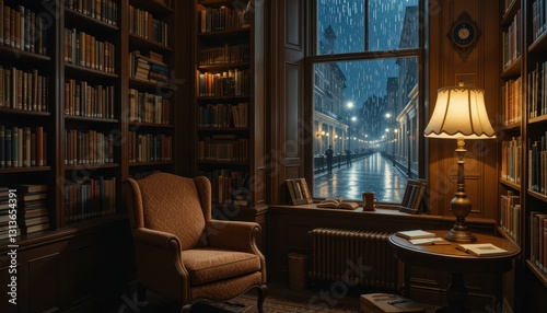 Cozy reading nook by window with rain and dim light ambiance