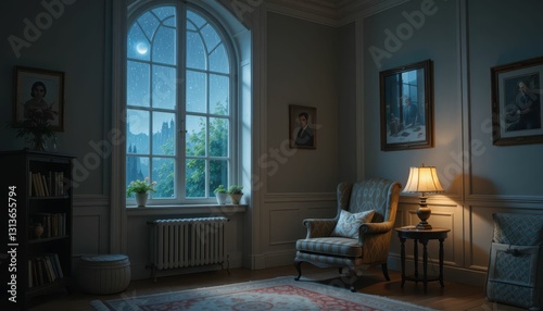 Cozy Living Room with Armchair  Bookshelf  and Rainy Window View