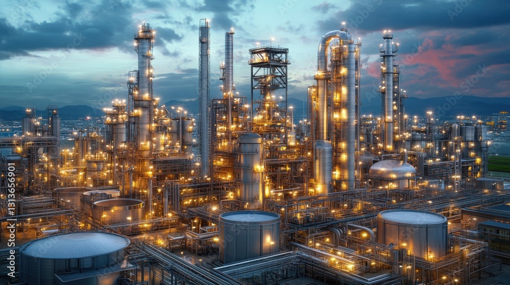 A futuristic industrial complex with steel structures and red-accented lighting. A futuristic industrial complex with steel structures and red-accented lighting.