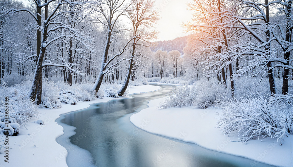 Obraz premium Frozen river winding through tranquil snow-laden forest, winter serenity