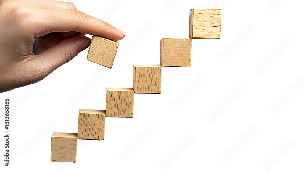 a hand that places wooden blocks in a ladder-like formation symbolizing growth, progress, and a step-by-step approach to achieving a goal. a hand that places wooden blocks in a ladder-like formation symbolizing growth, progress, and a step-by-step approach to achieving a goal.