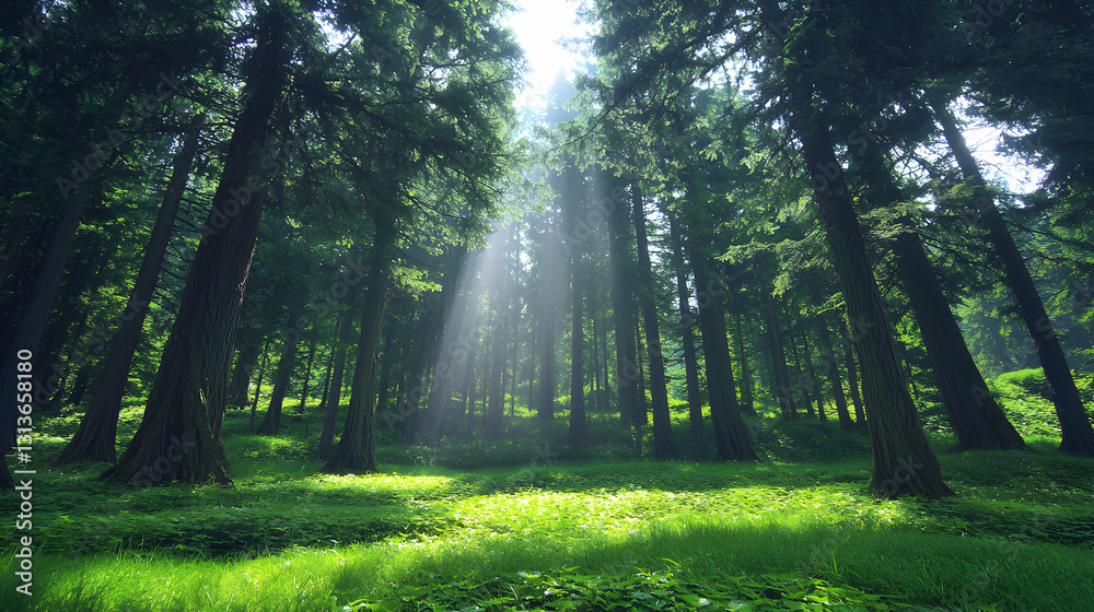 Fototapeta premium Sunlight Streams Through Tall Green Trees In A Dense Forest