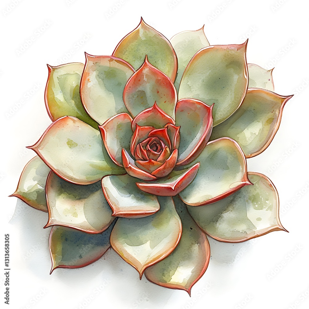 Fototapeta premium Watercolor Painting of a Succulent Plant Echeveria Close-Up. This detailed illustration showcases the intricate details of a succulent's rosette formation.