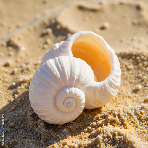 Intricate seashell on sandy beach, nature's craftsmanship