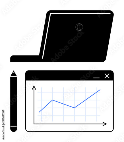 Laptop and stylus next to a graph window with rising line on a grid axis. Ideal for technology, business growth, analytics, data visualization, design tools, education, flat simple metaphor