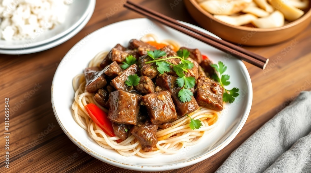 Delicious beef and noodle dish with garnish prepared for a gourmet lunch Delicious beef and noodle dish with garnish prepared for a gourmet lunch