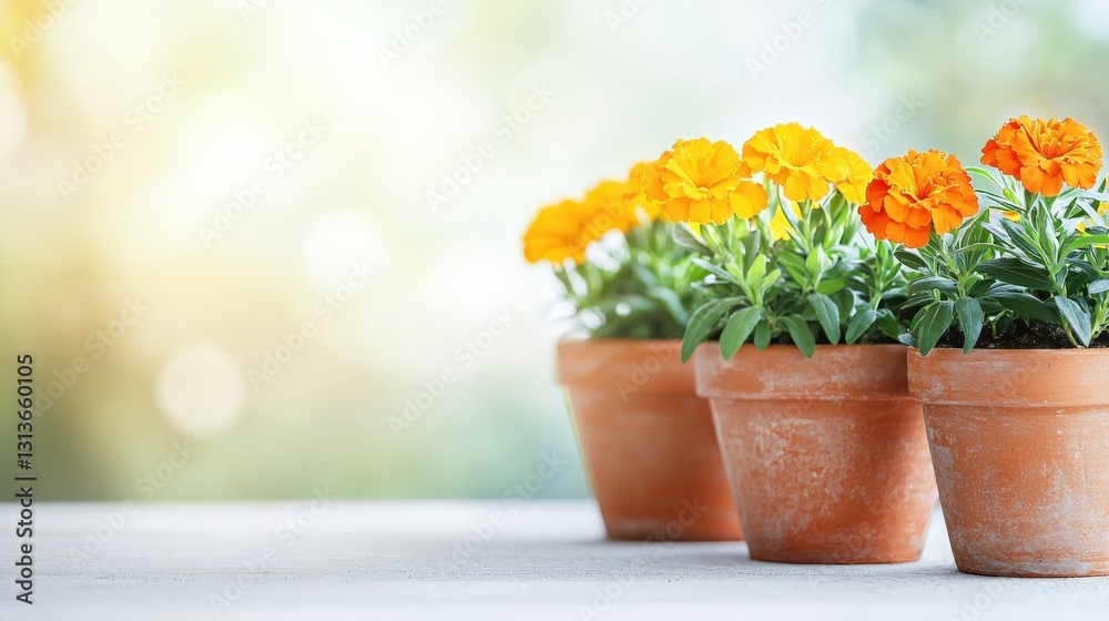 Bright orange marigolds in clay pots with a soft, blurred background. Bright orange marigolds in clay pots with a soft, blurred background.