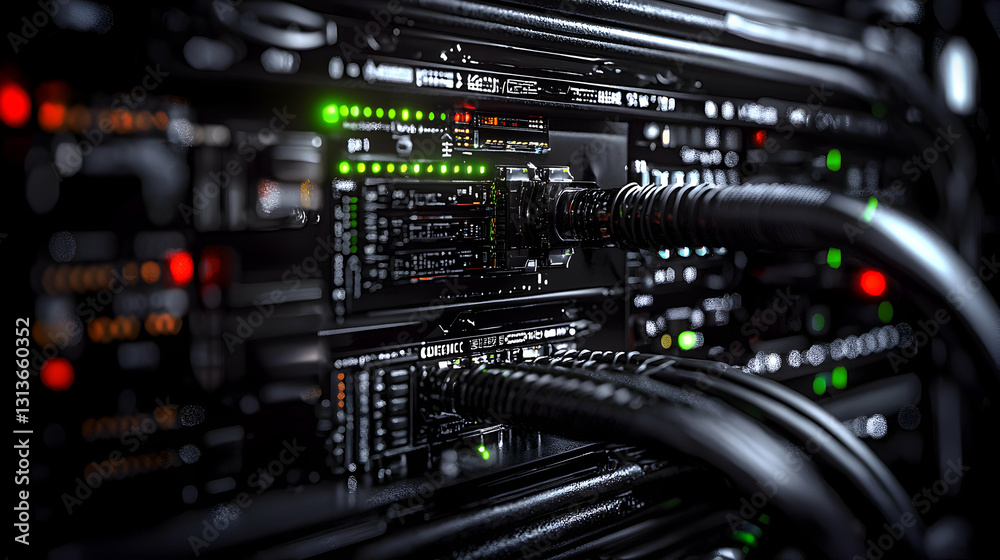 Close up of a server rack with various cables and lights Close up of a server rack with various cables and lights