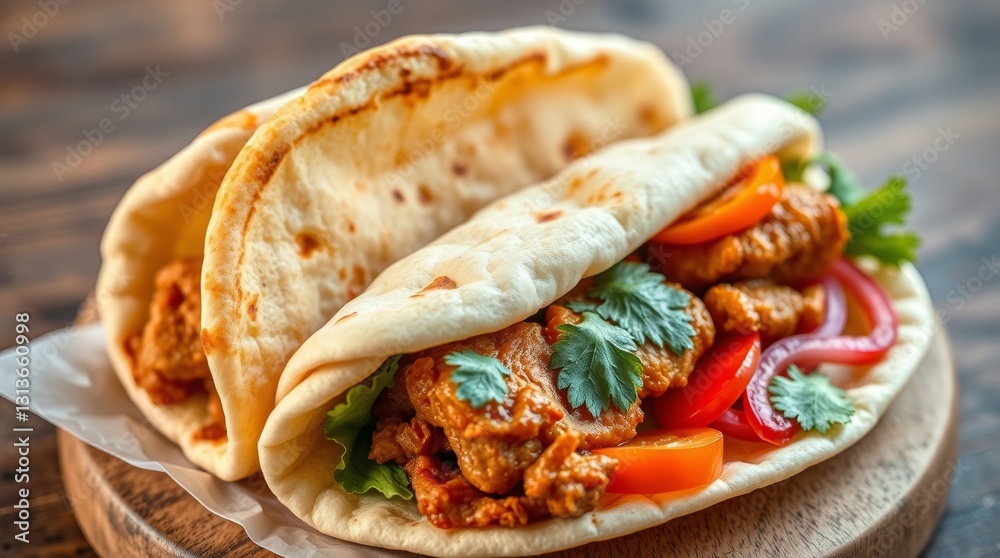 Delicious Gyro Wrap with Golden Meat, Crispy Pita and Fresh Vegetables Delicious Gyro Wrap with Golden Meat, Crispy Pita and Fresh Vegetables