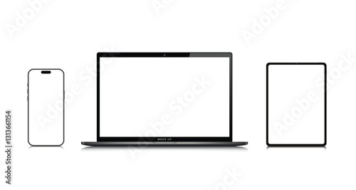 Modern laptop mockup front view and high quality smartphone and tablet mockup isolated on white background. Notebook mockup and phone device mockup for ui ux app and website presentation.Stock Vector.
