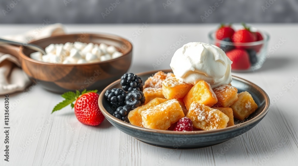 Delicious Kaiserschmarrn with Berries and Ice Cream on White Wooden Background Delicious Kaiserschmarrn with Berries and Ice Cream on White Wooden Background