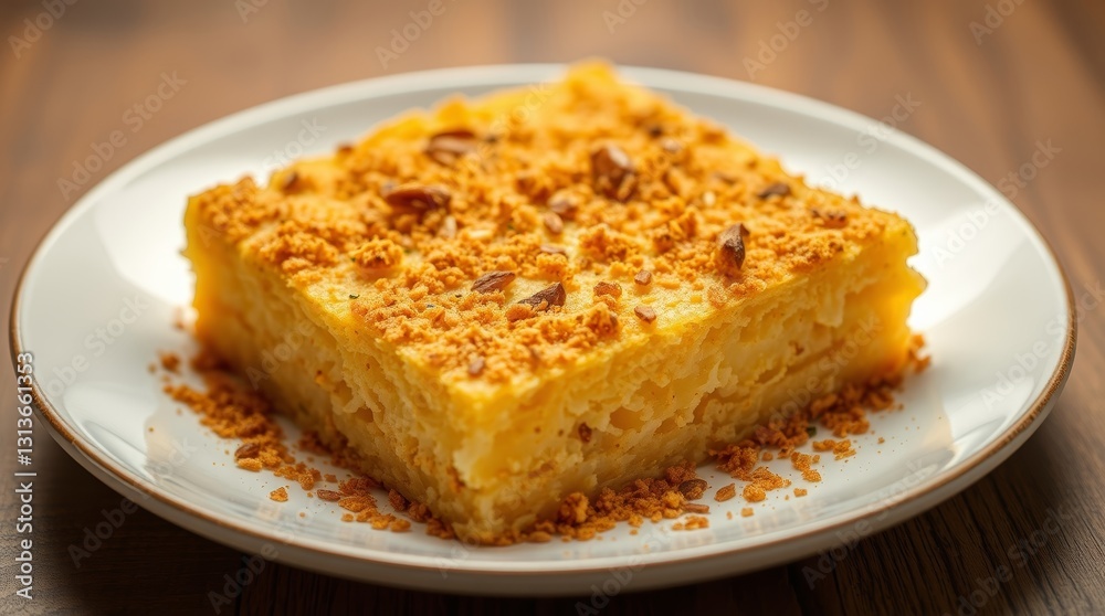 Delicious Knafeh Dessert Square on Plate - Close-up showcasing golden crust and creamy layers Delicious Knafeh Dessert Square on Plate - Close-up showcasing golden crust and creamy layers