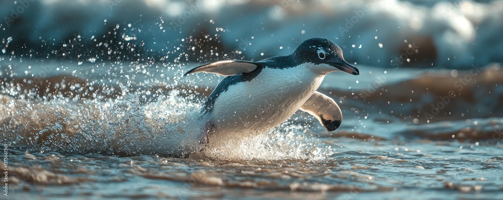 Fototapeta premium World penguin day with wildlife photography idea. Penguin splashing through water in dynamic action shot.