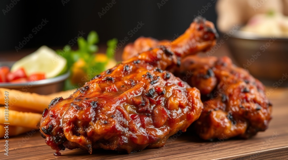 Delicious jerk chicken with a vibrant glaze, showcasing its tender, flavorful, and enticing presentation Delicious jerk chicken with a vibrant glaze, showcasing its tender, flavorful, and enticing presentation