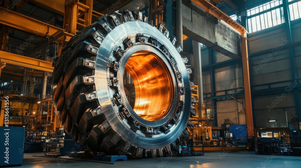 Obraz premium A massive industrial drill in a manufacturing plant, glowing under orange light.