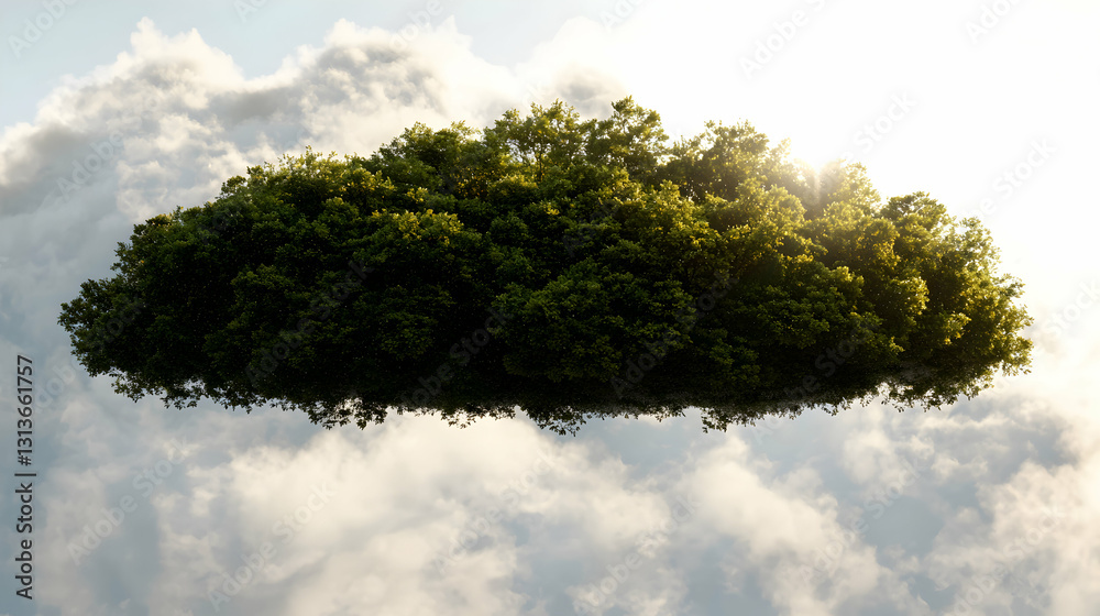Fototapeta premium A dense green tree island floating in the cloudy blue sky