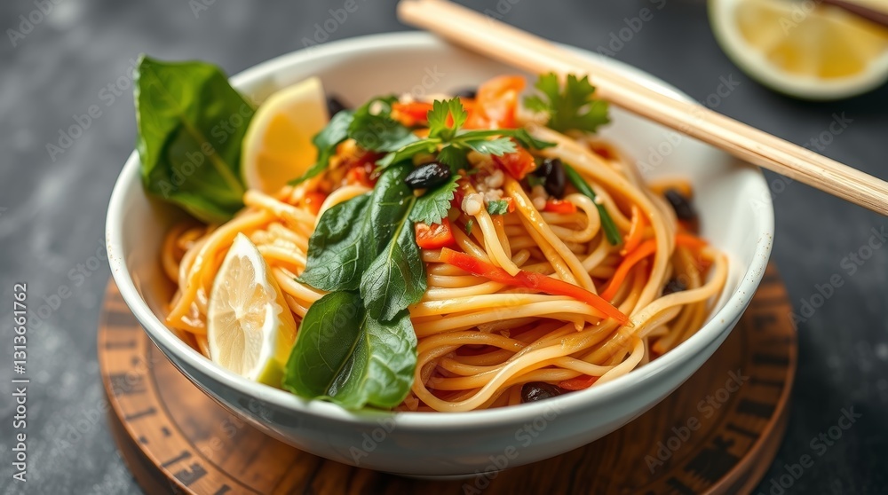 Delicious noodle bowl with fresh herbs and citrus slices for an appetizing presentation Delicious noodle bowl with fresh herbs and citrus slices for an appetizing presentation