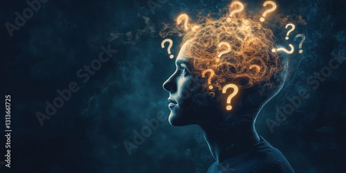 a side profile of a head with question marks inside his brain, a picture of indecision