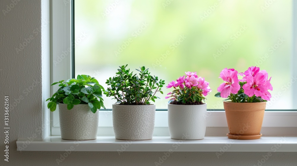 Bright indoor plants in stylish pots on a window sill. Bright indoor plants in stylish pots on a window sill.