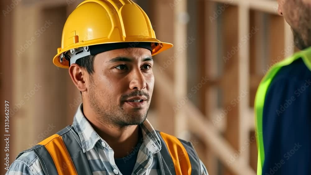 Construction workers communicating on site in protective gear at a wooden structure Construction workers communicating on site in protective gear at a wooden structure